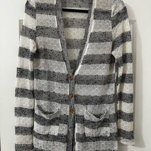 Gray and White Striped Women's Cardigan
